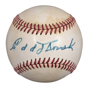 Edd Roush Single-Signed ONL Feeney Baseball (Beckett & JSA)